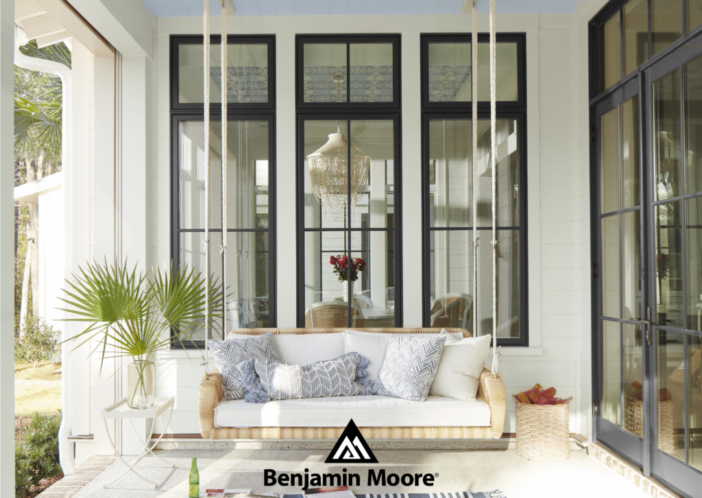 (WALLS) White Dove OC-17, AURA Exterior, Low Lustre
(WINDOWS/DOORS) Onyx 2133-10, Advance, High-Gloss
(CEILING), White Satin 2067-70, AURA Exterior, Soft Gloss