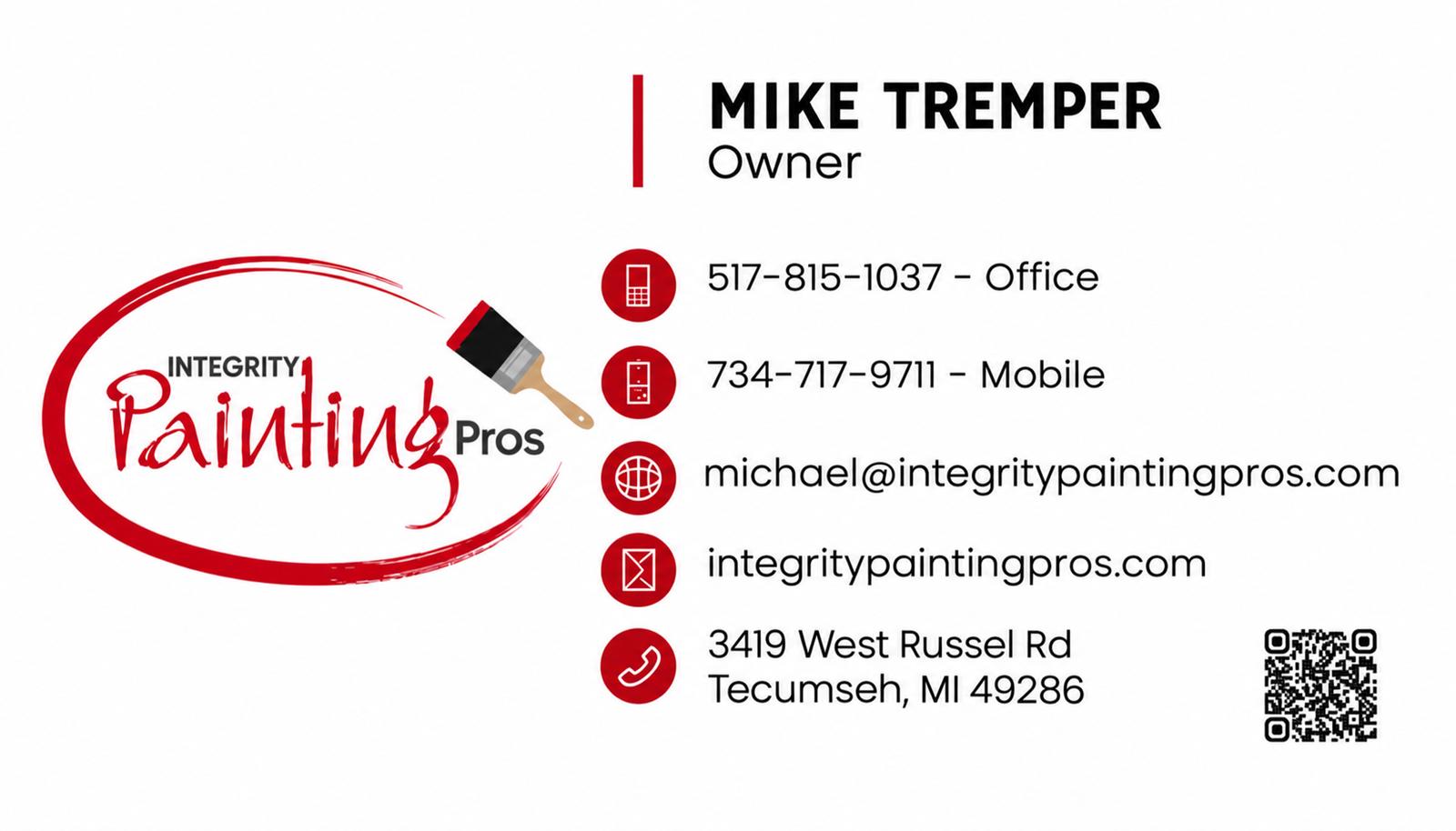 Integrity Painting Pros business card — Mike Tremper, Owner